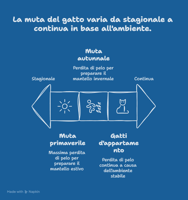 La muta del gatto varia da stagionale a continua in base all'ambiente.