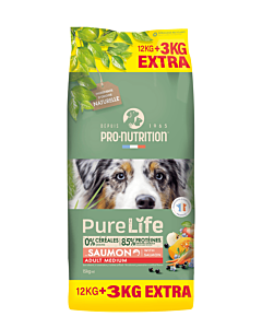 Pro-Nutrition Pure Life Chien Medium Saumon 12 + 3 kg offerts