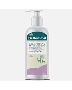 Bouteille de shampooing antiparasitaire pour usage fréquent sur chien et chat de la marque DeBonPoil