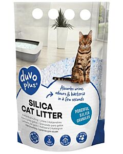 La litière silice Duvo Plus absorbe rapidement et contrôle les odeurs.