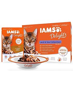 IAMS Delights Multipack "Terre & Mer" en gelée chat 12 x 85 grs - La Compagnie des Animaux