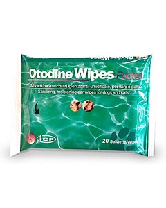 Boîte de lingettes Otodine pour l’hygiène des oreilles du chien et du chat, contenant 20 lingettes nettoyantes.