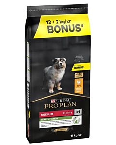 Sac de croquettes Purina Pro Plan Medium Puppy Healthy Start Poulet pour chiots de taille moyenne, 12 kg + 2 kg offerts.