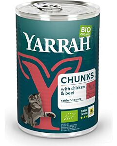 Yarrah Bio Bouchées de poulet et boeuf en sauce aux orties et à la tomate pour chat 12 x 405 grs