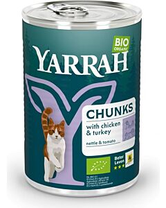Yarrah Bio Bouchées de poulet et dinde en sauce aux orties et à la tomate pour chat 12 x 405 grs- La Compagnie des Animaux