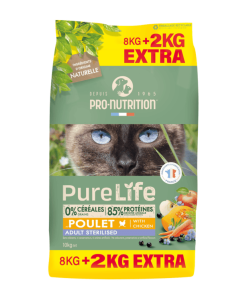 Pro-Nutrition Pure Life Chat Stérilisé Poulet 8 + 2 kg offerts
