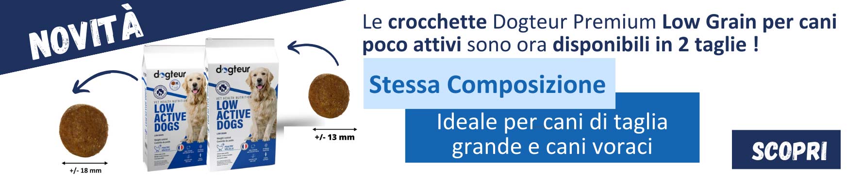 Le crocchette Dogteur Premium Low Grain per cani poco attivi sono ora disponibili in 2 taglie !